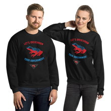 Load image into Gallery viewer, "Let's Over Throw Your Government" Red and Blue Poison Dart Frog Unisex Sweatshirt